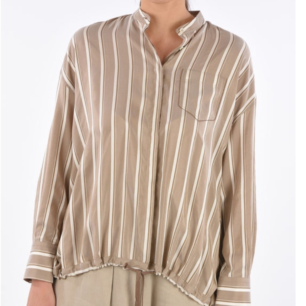 Brunello Cucinelli Beige and White Striped Silk Blouse